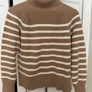 Lands' End Tan and CreamStriped Turtleneck Sweater